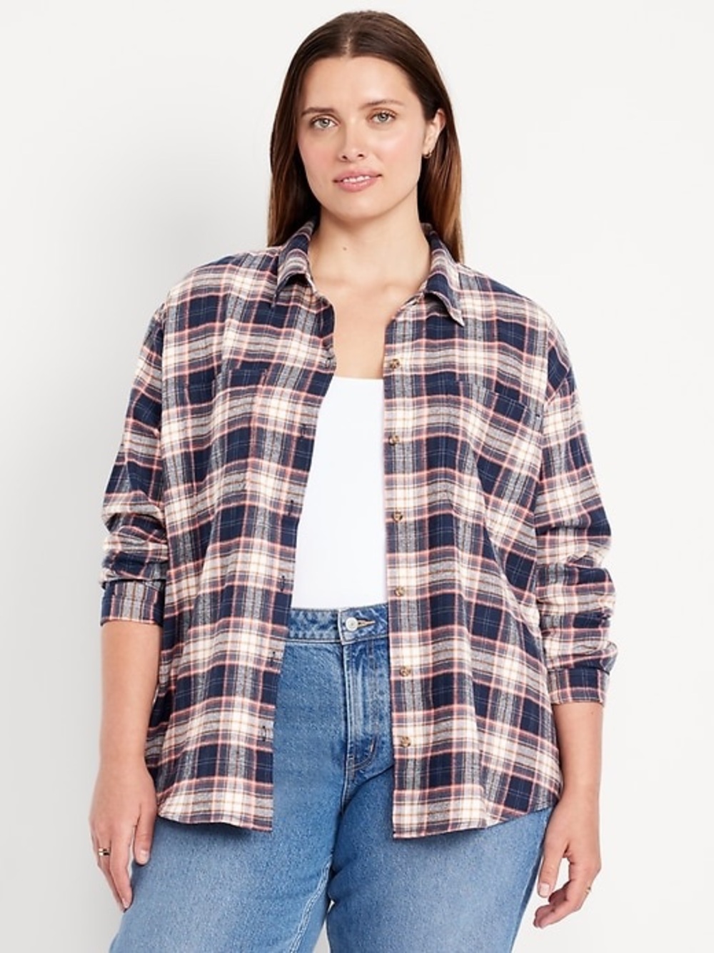 Old Navy Women’s Plaid Flannel Button-Down Boyfriend Shirt in Navy Plaid 2X